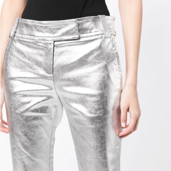 KHAITE | Dresden Silver Metallic Low Rise Skinny Stretch Twill Ankle Zip Pants 4 - Picture 1 of 16